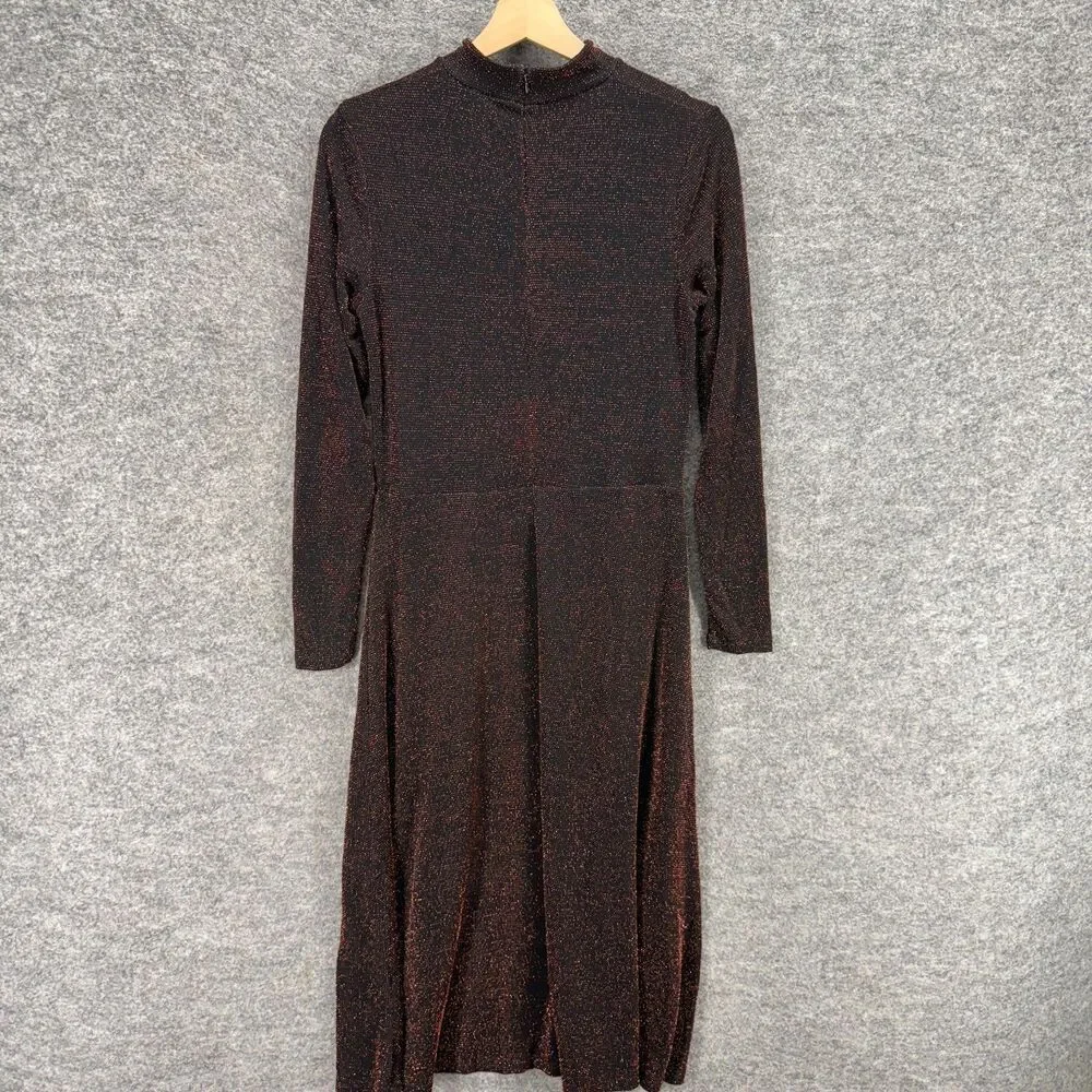 H&M Dress Women M Medium Black Shift Midi Zipper Lined Metallic Long Sleeve